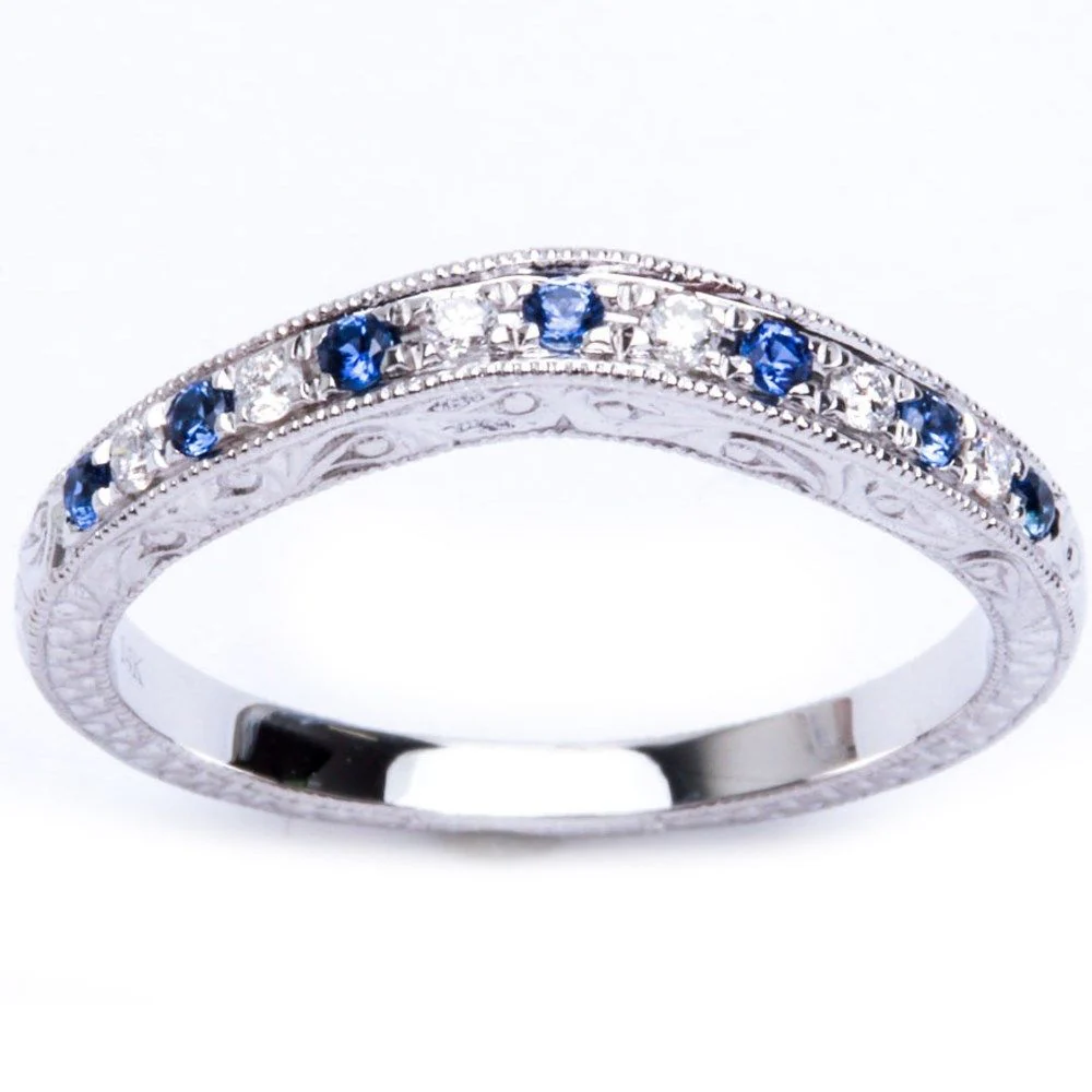 <span>DIAMOND CLOSEOUT! </span> .23ct 14k White gold Round Blue Sapphire Diamond Band Size 6.5