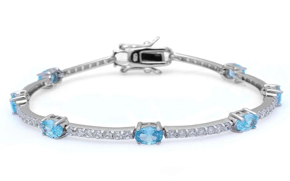 Oval Aquamarine and Cubic Zirconia .925 Sterling Silver Bracelet