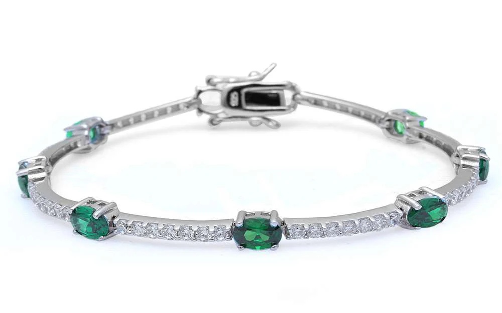Oval Emerald and Cubic Zirconia  .925 Sterling Silver Bracelet