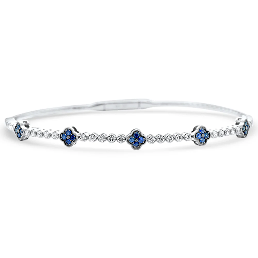 <span style="color:purple">SPECIAL!</span>.95ct G SI 14K White Gold Diamond & Blue Sapphire Gemstone Flower Bangle Bracelet