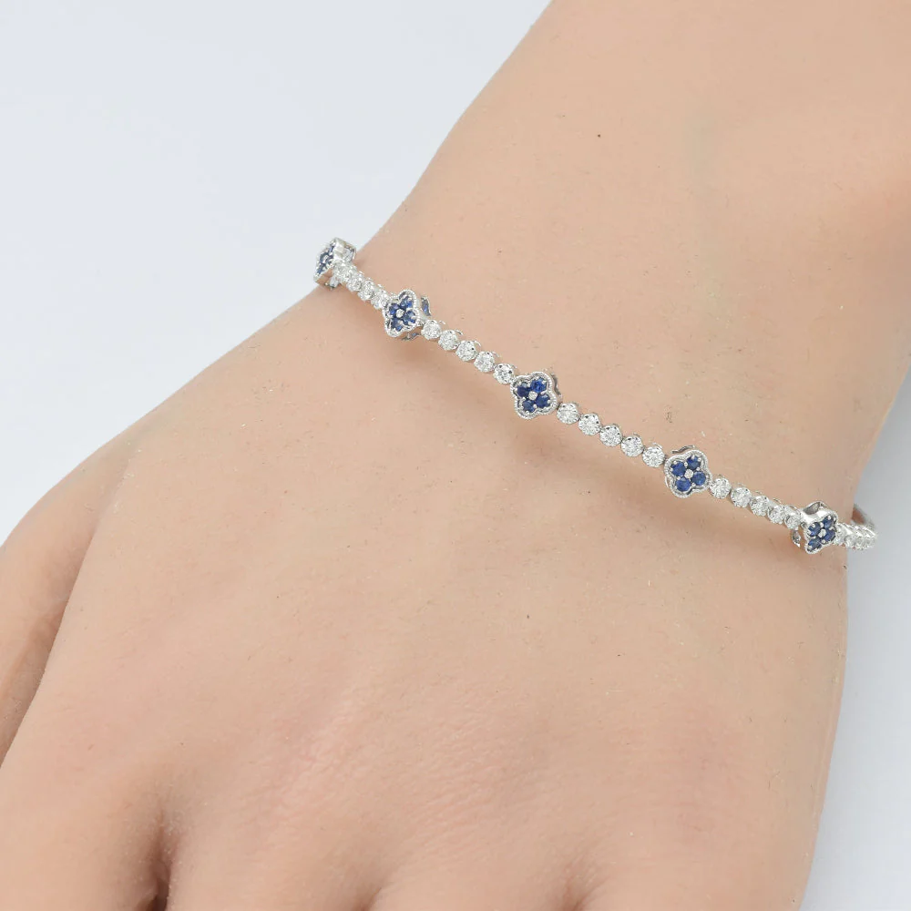 <span style="color:purple">SPECIAL!</span>.95ct G SI 14K White Gold Diamond & Blue Sapphire Gemstone Flower Bangle Bracelet - Image 2