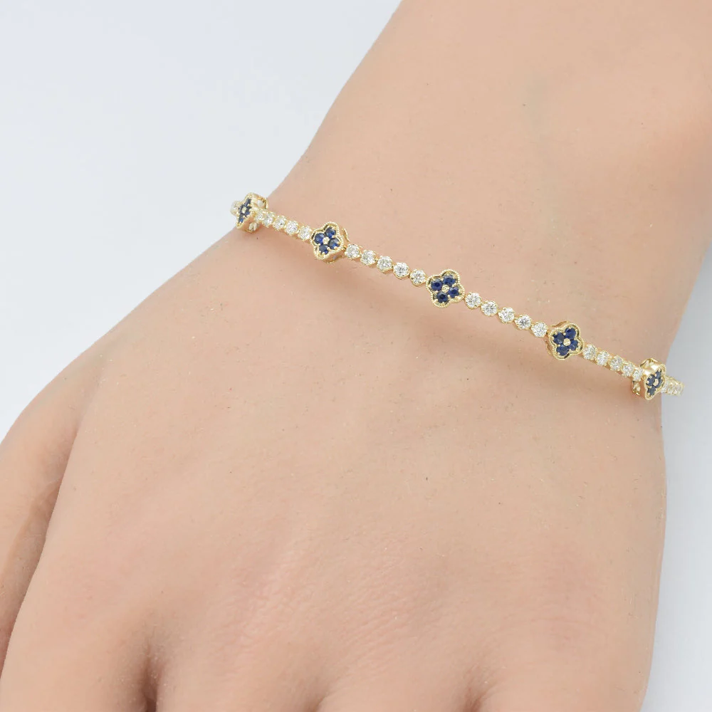 <span style="color:purple">SPECIAL!</span>.95ct G SI 14K Yellow Gold Diamond & Blue Sapphire Gemstone Flower Bangle Bracelet - Image 2