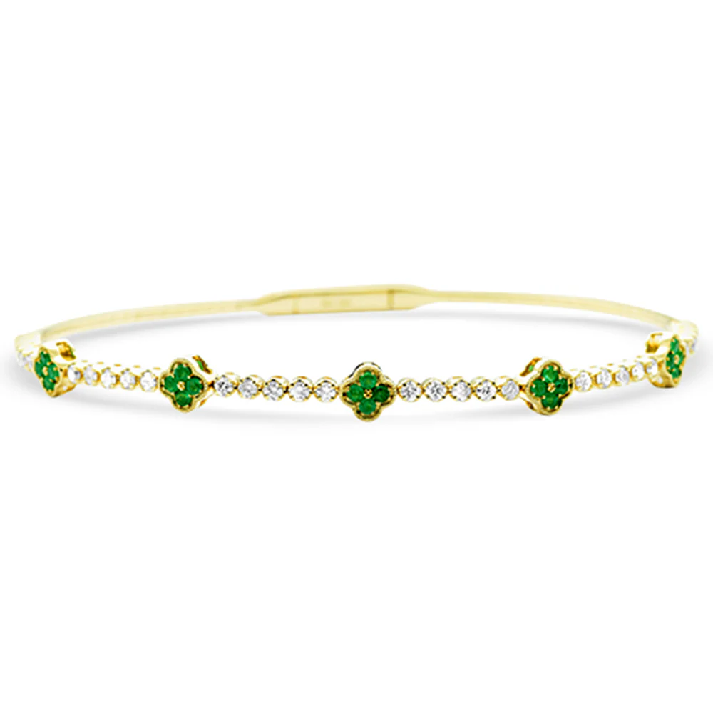 <span style="color:purple">SPECIAL!</span>.88ct G SI 14K Yellow Gold Diamond & Emerald Gemstone Clover Design Bangle Bracelet
