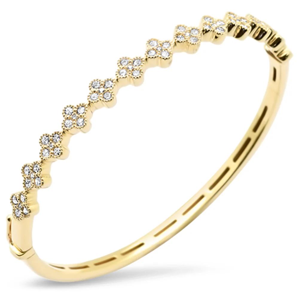 <span style="color:purple">SPECIAL!</span>1.36ct G SI 14K Yellow Gold Diamond Clover Design Bangle Bracelet