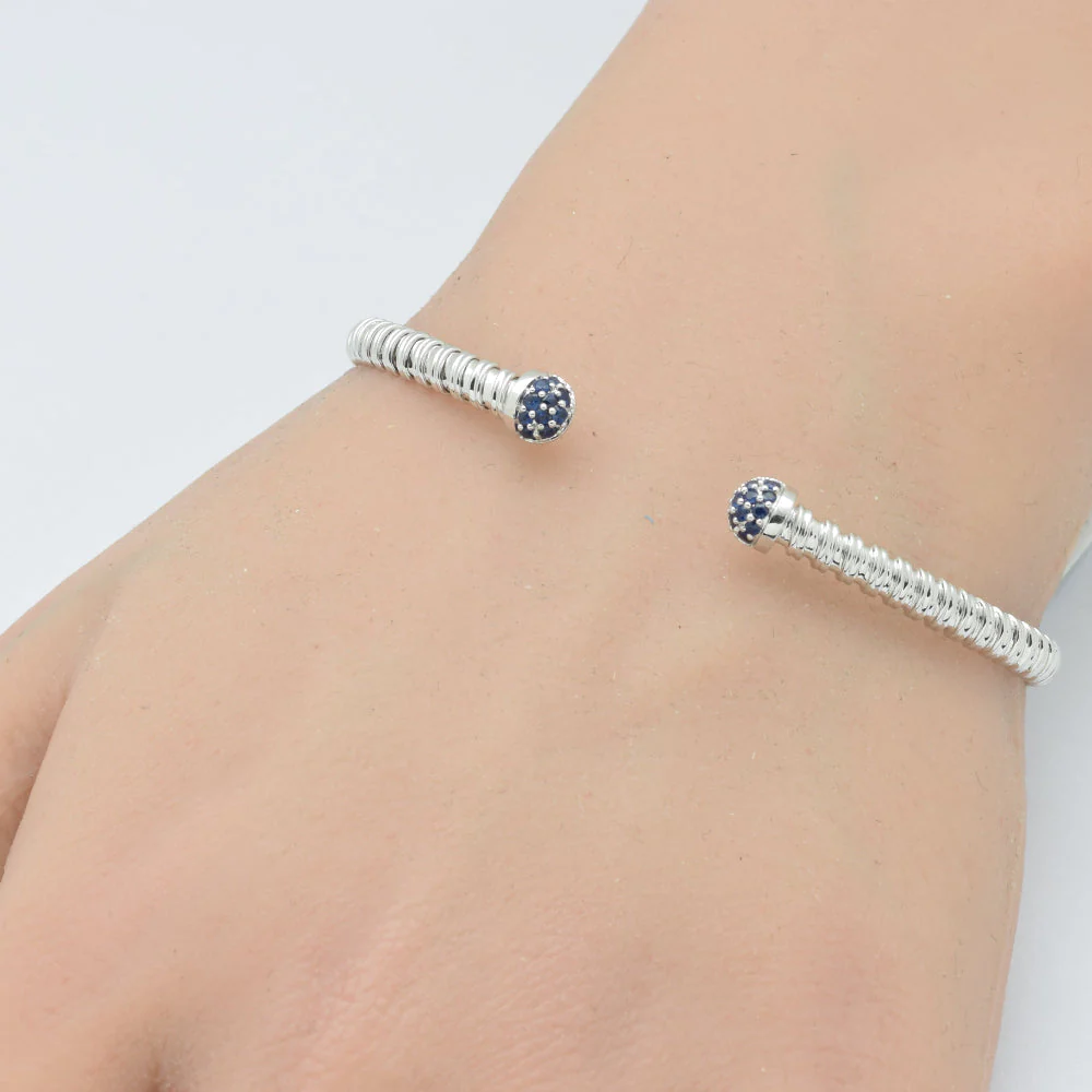 <span style="color:purple">SPECIAL!</span>.26ct G SI 14K White Gold Blue Sapphire Gemstone Twisted Cable Design Bangle Bracelet - Image 2