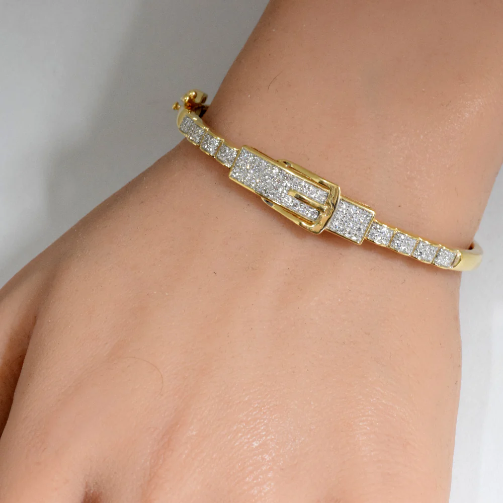 <span style="color:purple">SPECIAL!</span>.90ct G SI 14K Yellow Gold Diamond Belt Buckle Design Bangle Bracelet - Image 2