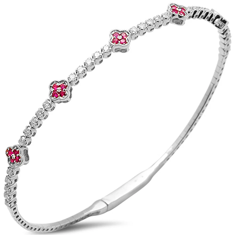 <span style="color:purple">SPECIAL!</span>.92ct G SI 14K White Gold Diamond & Ruby Gemstone Clover Design Bangle Bracelet