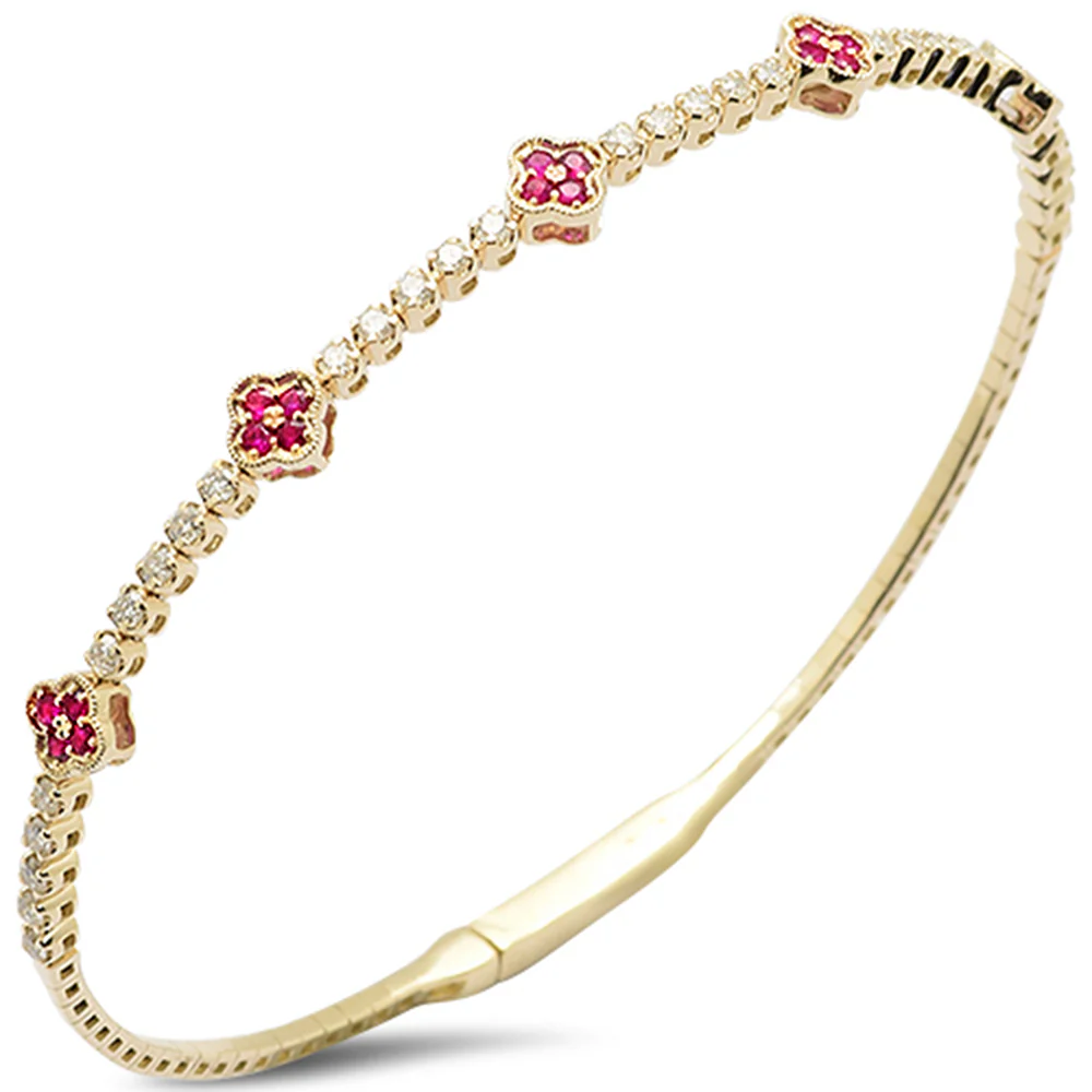 <span style="color:purple">SPECIAL!</span>.99ct G SI 14K Yellow Gold Diamond & Ruby Clover Design Gemstone Bangle Bracelet