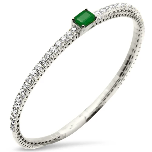 <span style="color:purple">SPECIAL!</span> 1.54ct G SI 14K White Gold Diamond & Emerald Gemstone Bangle Bracelet