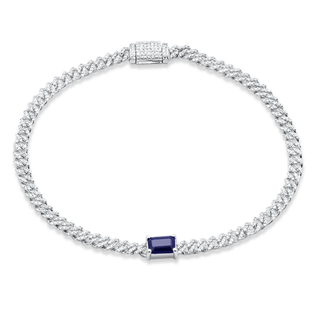 <span style="color:purple">SPECIAL!</span>1.33ct G SI 14K White Gold Diamond & Blue Sapphire Gemstone Cuban Bracelet 7" Long