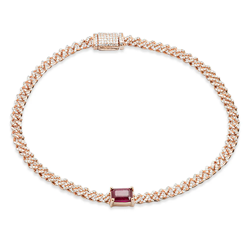 <span style="color:purple">SPECIAL!</span>1.46ct G SI 14K Rose Gold Diamond & Ruby Cuban Bracelet 7" Long