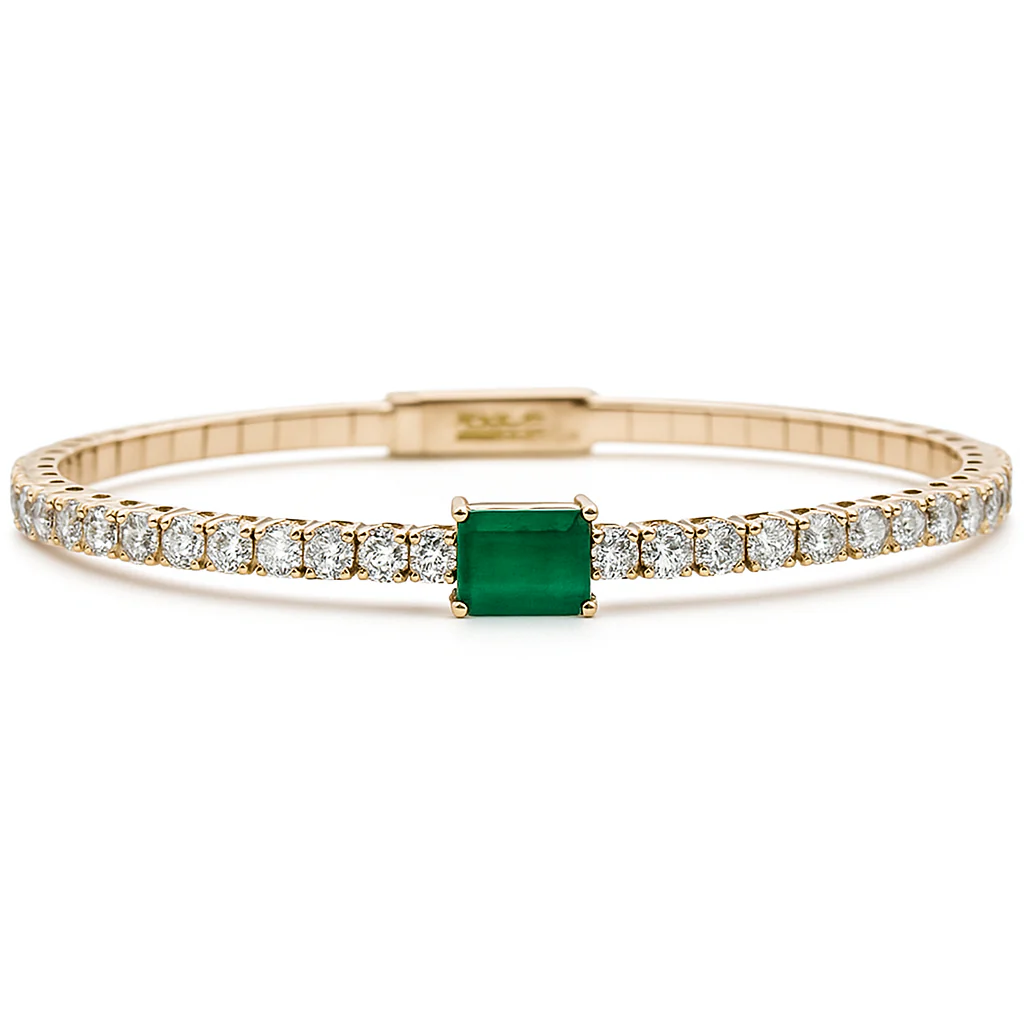 <span style="color:purple">SPECIAL!</span> 5.14ct G SI 14K Yellow Gold Diamond & Emerald Bangle Bracelet