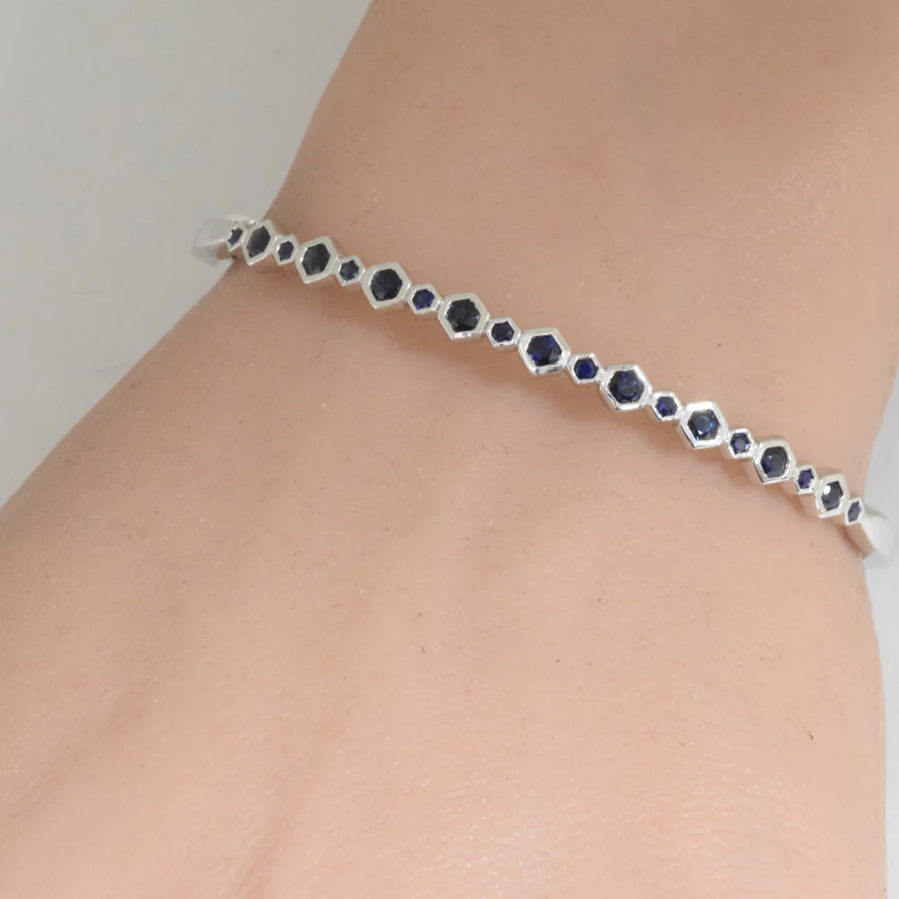 <span style="color:purple">SPECIAL!</span> 1.21ct G SI 14K White Gold Octagon Shape Blue Sapphire Gemstone Bangle Bracelet - Image 2