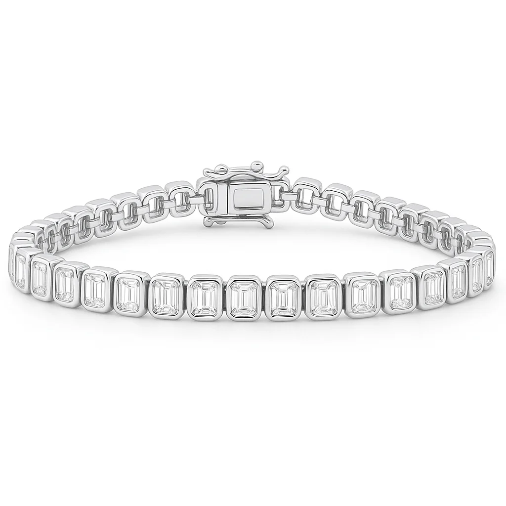 <span style="color:purple">SPECIAL!</span> 5.74ct G SI 14K White Gold Bezel Set Emerald Cut Diamond Tennis Bracelet 7" Long