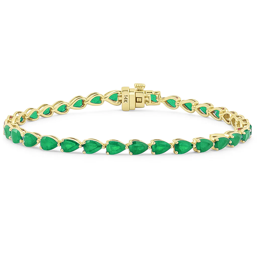 <span style="color:purple">SPECIAL!</span> 5.42ct G SI 14K Yellow Gold Pear Shaped Emerald Gemstone Bracelet 7" Long
