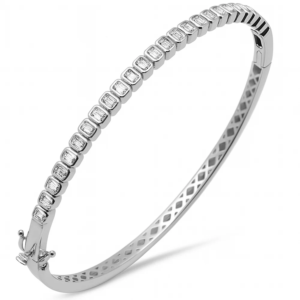 <span style="color:purple">SPECIAL!</span> 2.10ct G SI 14K White Gold Emerald Cut Diamond Bezel Set Bangle Bracelet