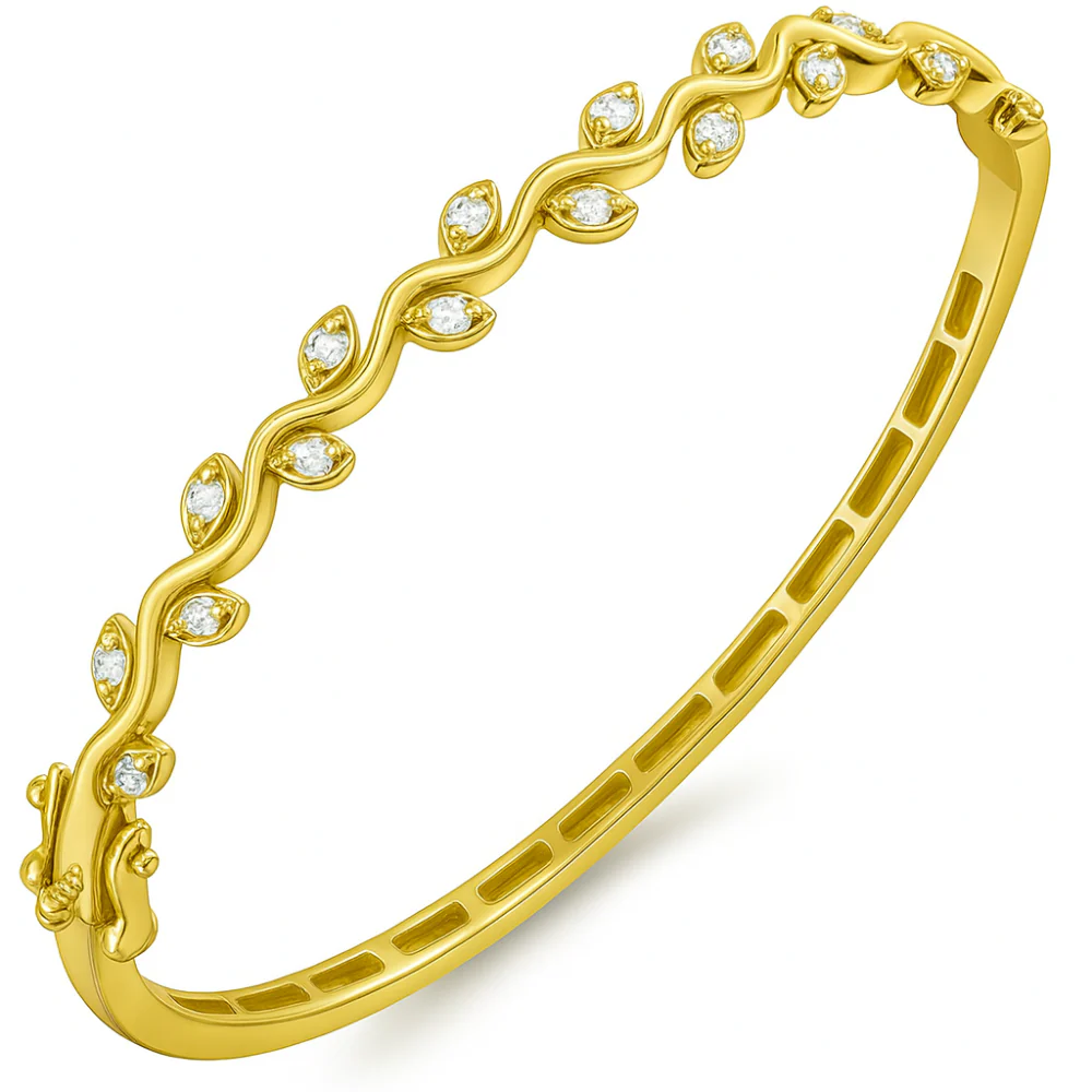 <span style="color:purple">SPECIAL!</span> .49ct G SI 14kt Yellow Gold Round Diamond Leaf Design Bangle Bracelet - Image 2