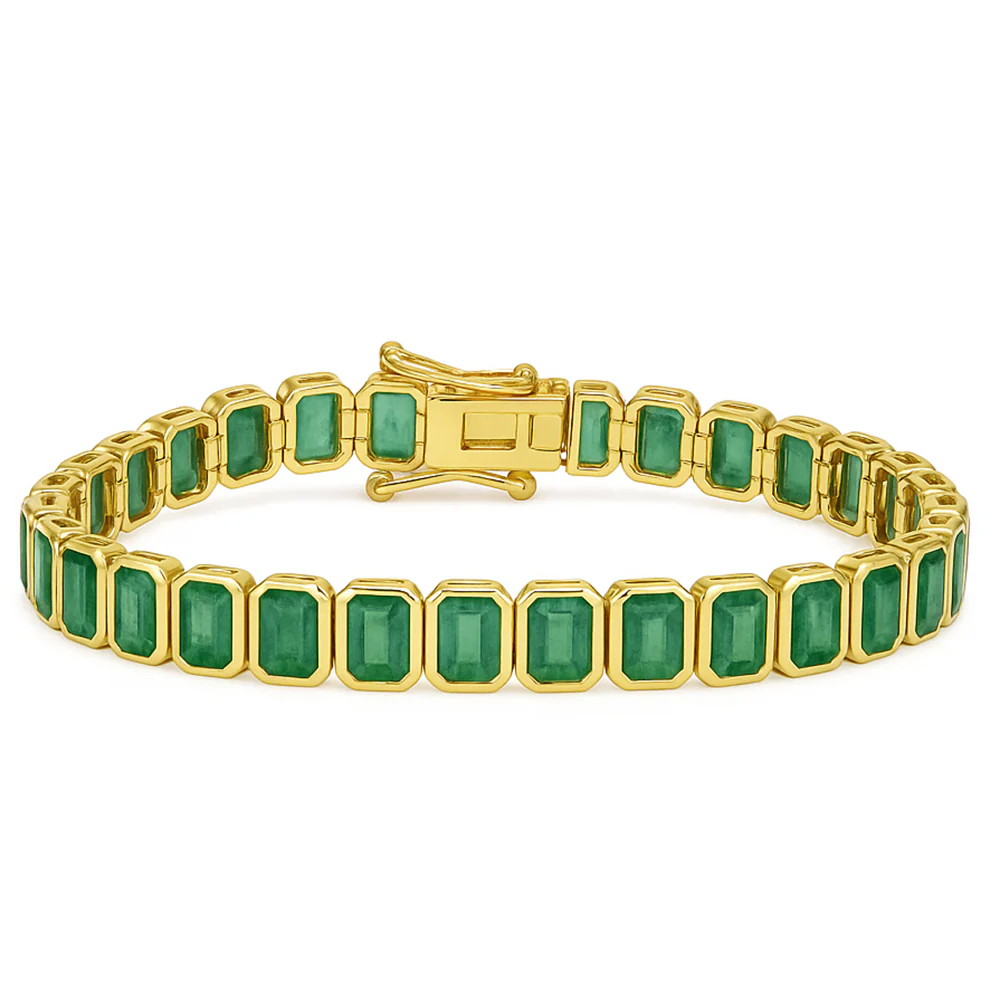 <span style="color:purple">SPECIAL!</span> 18.97ct 14kt Yellow Gold Natural Emerald Gemstone Bezel Set Bracelet 7" Long