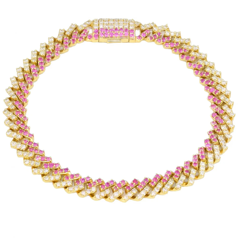 <span style="color:purple">SPECIAL!</span> 3.92ct G SI 14kt Yellow Gold Diamond & Pink Sapphire Square Cuban Gemstone Bracelet 7" Long