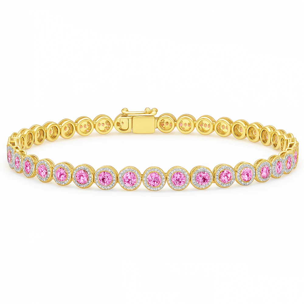 <span style="color:purple">SPECIAL!</span> 4.85ct G SI 14KT Yellow Gold Diamond & Pink Sapphire Gemstone Halo Tennis Bracelet 7.25"