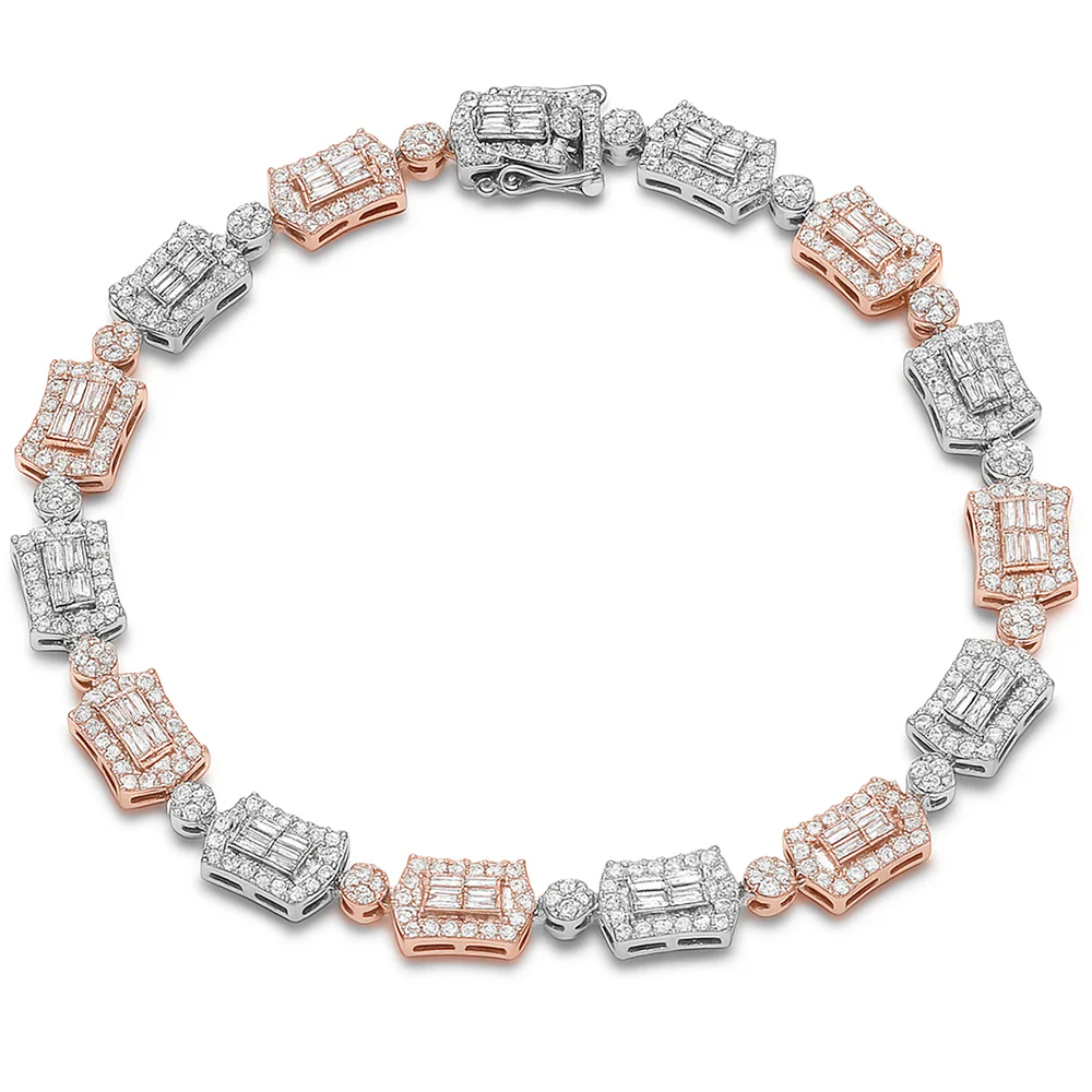 <span style="color:purple">SPECIAL!</span> 4.57ct G SI 14kt Two Tone Gold Round & Baguette Diamond Bracelet 8.5" Long