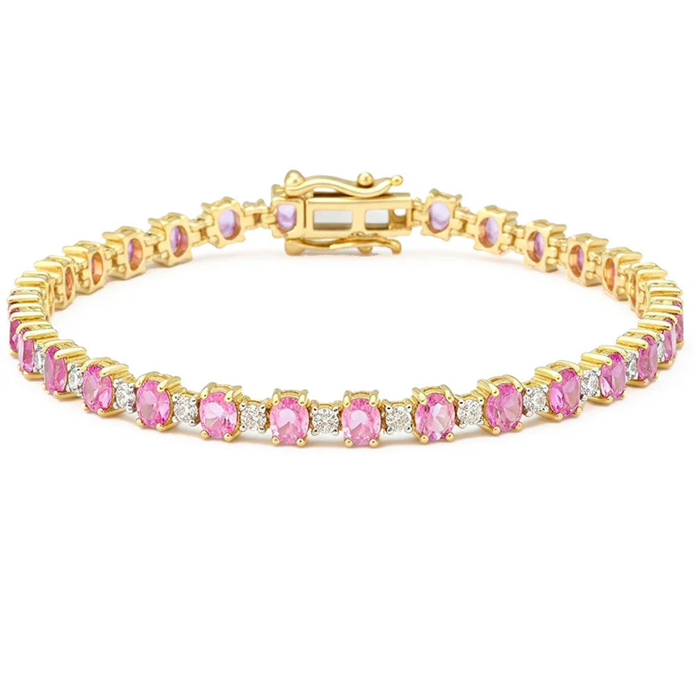 <span style="color:purple">SPECIAL!</span> 6.85ct G SI 14kt Yellow Gold Diamond & Pink Sapphire Gemstone Bracelet 7" Long