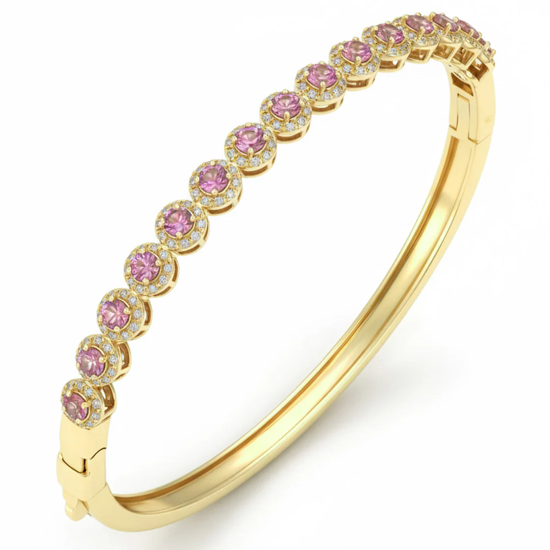 <span style="color:purple">SPECIAL!</span> 2.20ct G SI 14kt Yellow Gold Diamond & Pink Sapphire Gemstone Bangle Bracelet
