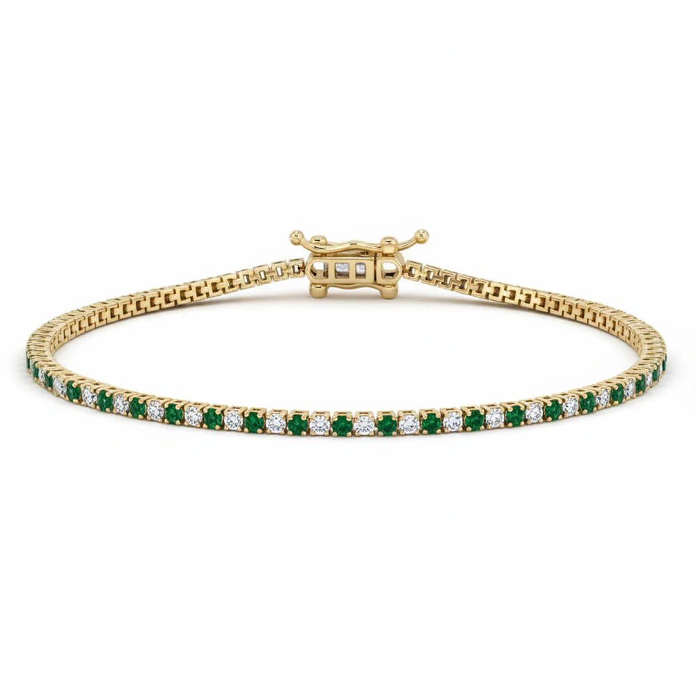 <span style="color:purple">SPECIAL!</span> 1.83ct G SI 14kt Yellow Gold Diamond & Emerald Gemstone Tennis Bracelet Size 6.5