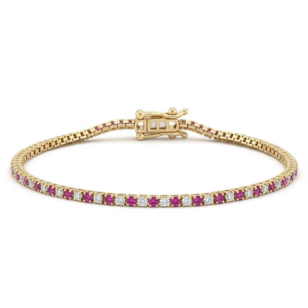 <span style="color:purple">SPECIAL!</span> 1.84ct G SI 14kt Yellow Gold Diamond & Pink Sapphire Gemstone Tennis Bracelet 7" Long
