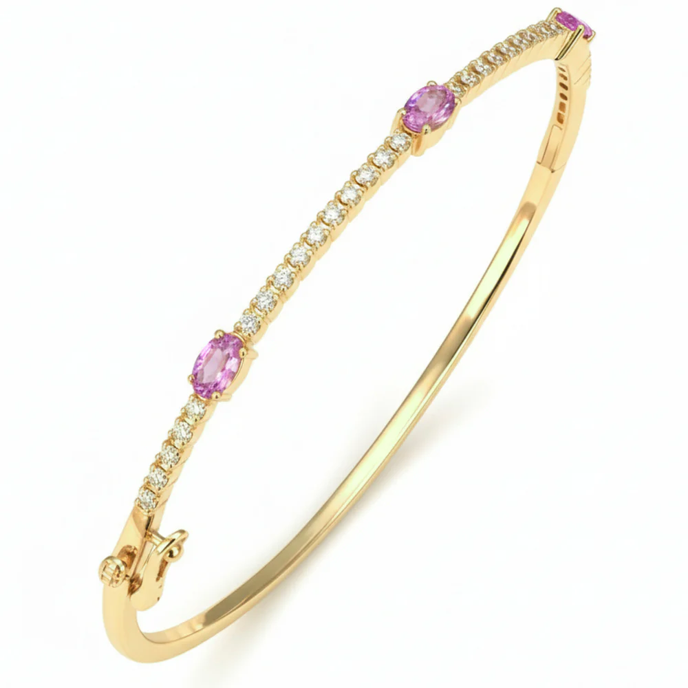 <span style="color:purple">SPECIAL!</span> 1.35ct G SI 14kt Yellow Gold Diamond & Pink Sapphire Gemstone Bangle Bracelet