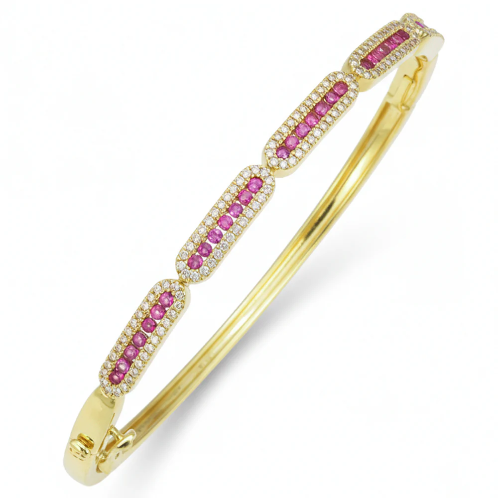 <span style="color:purple">SPECIAL!</span> .97ct G SI 14kt Yellow Gold Diamond & Pink Sapphire Gemstone Bangle Bracelet