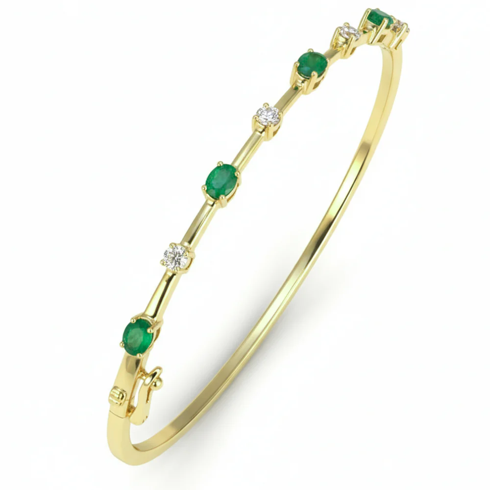 <span style="color:purple">SPECIAL!</span> 1.16ct G SI 14kt Yellow Gold Diamond & Emerald Gemstone Bangle Bracelet