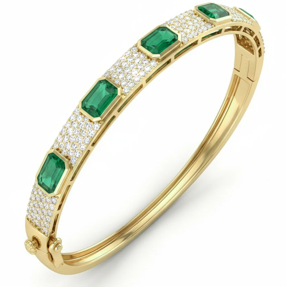 <span style="color:purple">SPECIAL!</span> 4.10ct G SI 14kt Yellow Gold Diamond & Emerald Gemstone Bangle Bracelet
