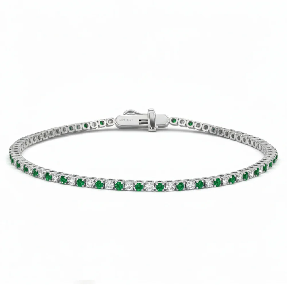 <span style="color:purple">SPECIAL!</span> 1.83ct G SI 14kt White Gold Diamond & Emerald Gemstone Tennis Bracelet 7" Long