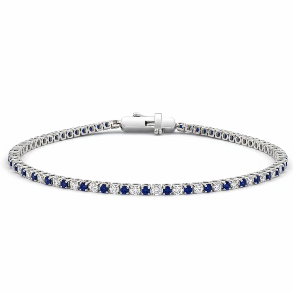 <span style="color:purple">SPECIAL!</span> 2.14ct G SI 14kt White Gold Diamond & Blue Sapphire Gemstone Tennis Bracelet 7" Long