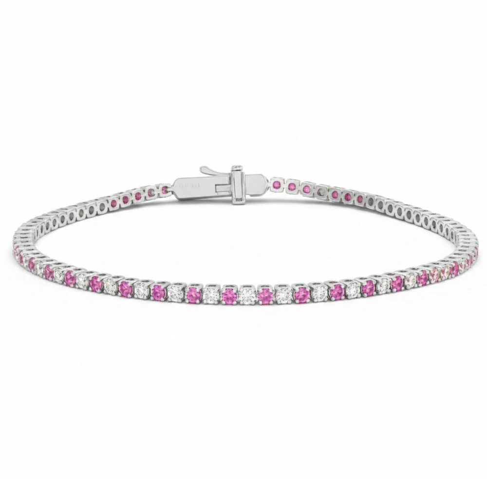 <span style="color:purple">SPECIAL!</span> 1.97ct G SI 14kt White Gold Diamond & Pink Sapphire Gemstone Tennis Bracelet 7" Long