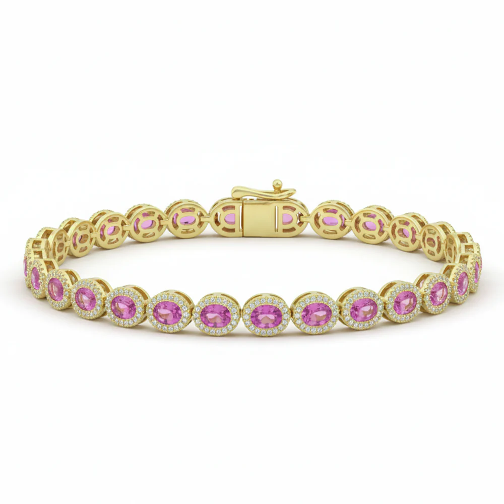 <span style="color:purple">SPECIAL!</span> 7.97ct G SI 14kt Yellow Gold Diamond & Pink Sapphire Gemstone Tennis Bracelet 7.5" Long