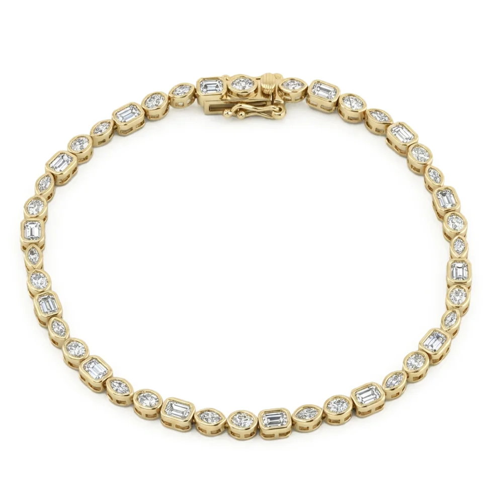 <span style="color:purple">SPECIAL!</span> 3.17ct G SI 14kt Yellow Gold Multi Shape Diamond Bezel Set Bracelet 7" Long