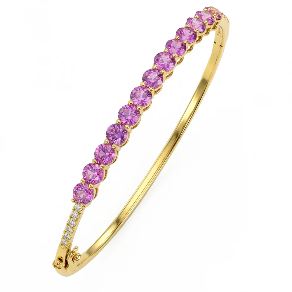 <span style="color:purple">SPECIAL!</span> 4.34ct G SI 14kt Yellow Gold Diamond & Pink Sapphire Gemstone Bangle Bracelet