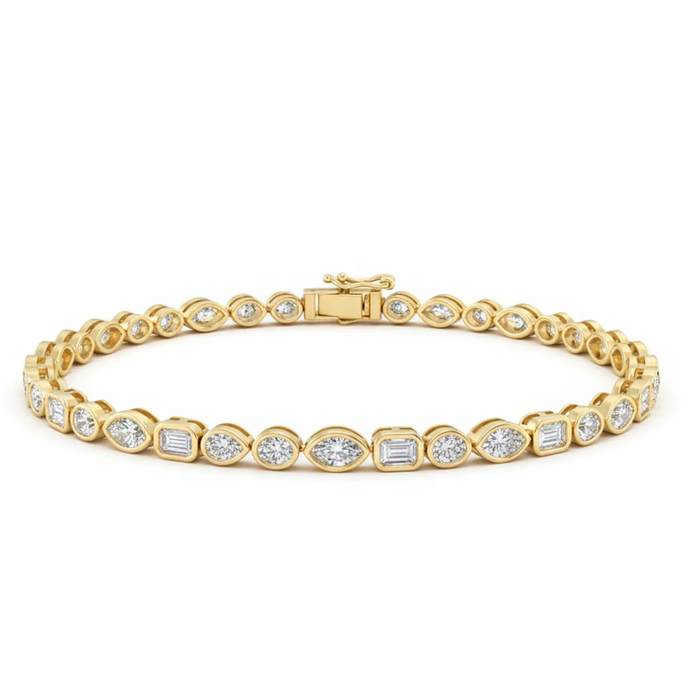 <span style="color:purple">SPECIAL!</span> 3.63ct G SI 14kt Yellow Gold Multi Shape Diamond Bezel Set Bracelet 7" Long