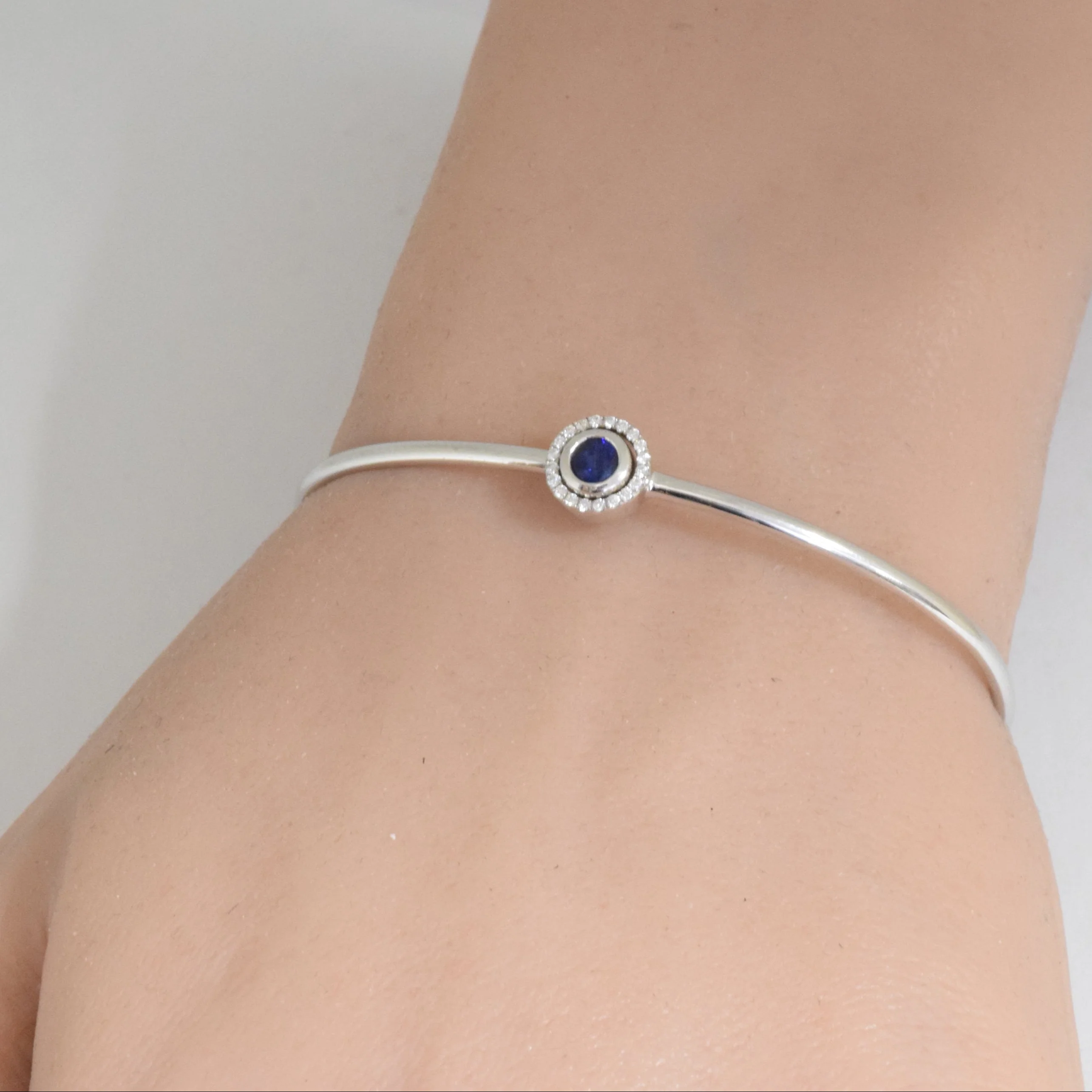 <span>GEMSTONE CLOSEOUT </span>! .42cts 14k White Gold Round Blue Sapphire & Diamond Bangle Wrist Size 7" - Image 2