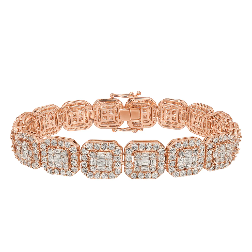<span>DIAMOND CLOSEOUT! </span> 12mm 15.50ct G SI 14K Rose Gold Round & Baguette Diamond Bracelet 8.5" - Image 2