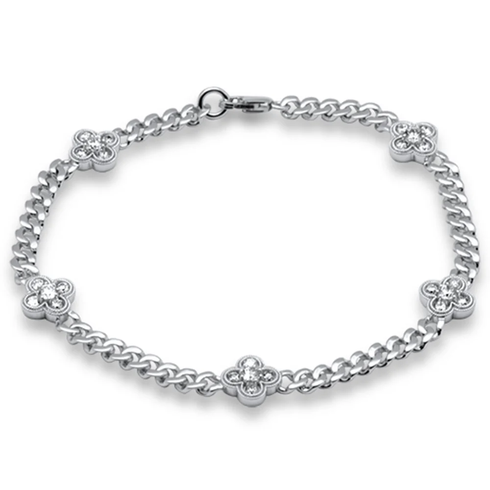 <span style="color:purple">SPECIAL!</span> 1.00ct G SI 14K White Gold Diamond Flower Style Cuban Bracelet 7" Long