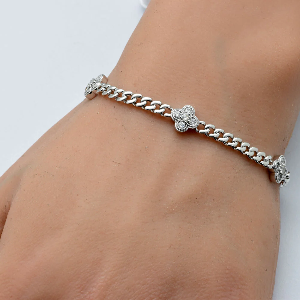 <span style="color:purple">SPECIAL!</span> 1.00ct G SI 14K White Gold Diamond Flower Style Cuban Bracelet 7" Long - Image 2