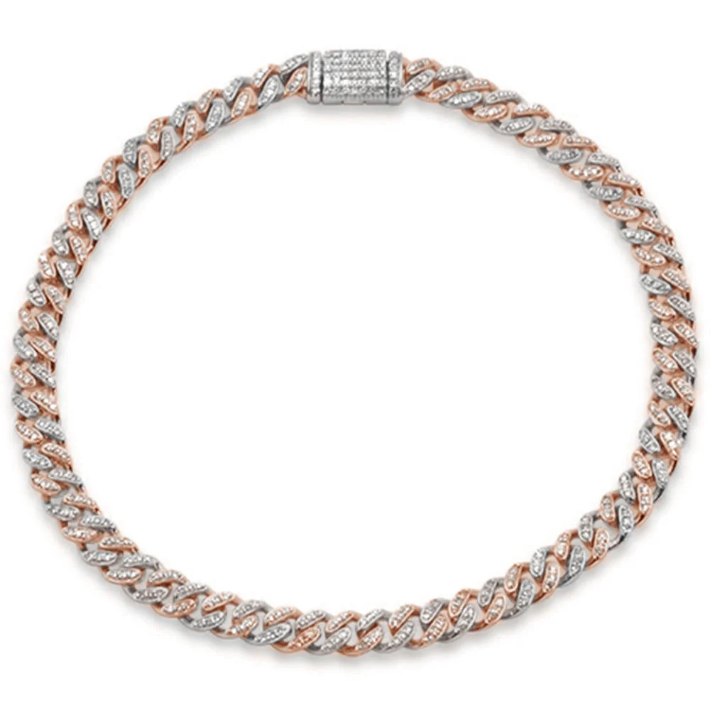 <span style="color:purple">SPECIAL!</span> 4MM 0.74ct G SI 14K Two Tone Rose & White Gold Diamond Round Cuban Bracelet 7"