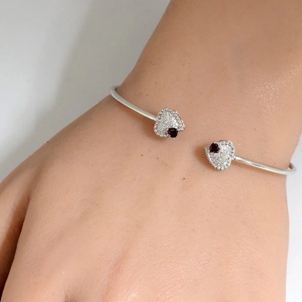 <span>DIAMOND CLOSEOUT! </span> .68ct G SI 14K White Gold Garnet & Diamond Heart Shaped Open Bangle Bracelet - Image 2