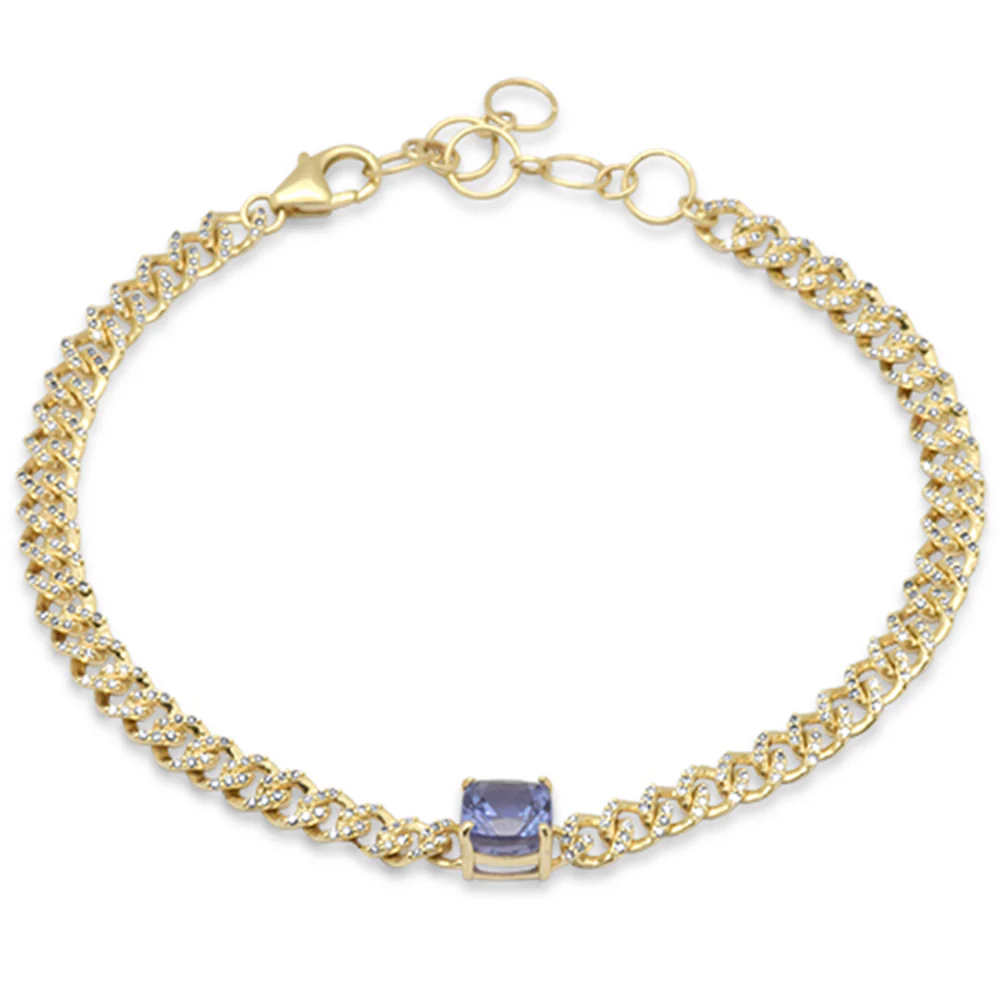 <span style="color:purple">SPECIAL!</span>1.97ct G SI 14K Yellow Gold Cushion Shaped Tanzanite Gemstone & Diamond Cuban Bracelet 6+1.5" Long