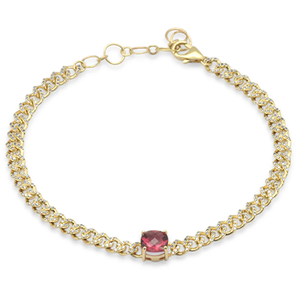 <span style="color:purple">SPECIAL!</span>1.45ct G SI 14K Yellow Gold Cushion Shaped Pink Tourmaline Gemstone & Diamond Cuban Bracelet 6+1.5" Long