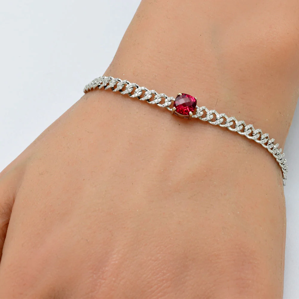 <span style="color:purple">SPECIAL!</span> 1.39ct G SI 14K White Gold Cushion Shaped Pink Tourmaline Gemstone & Diamond Cuban Bracelet 6+1.5" Long - Image 2