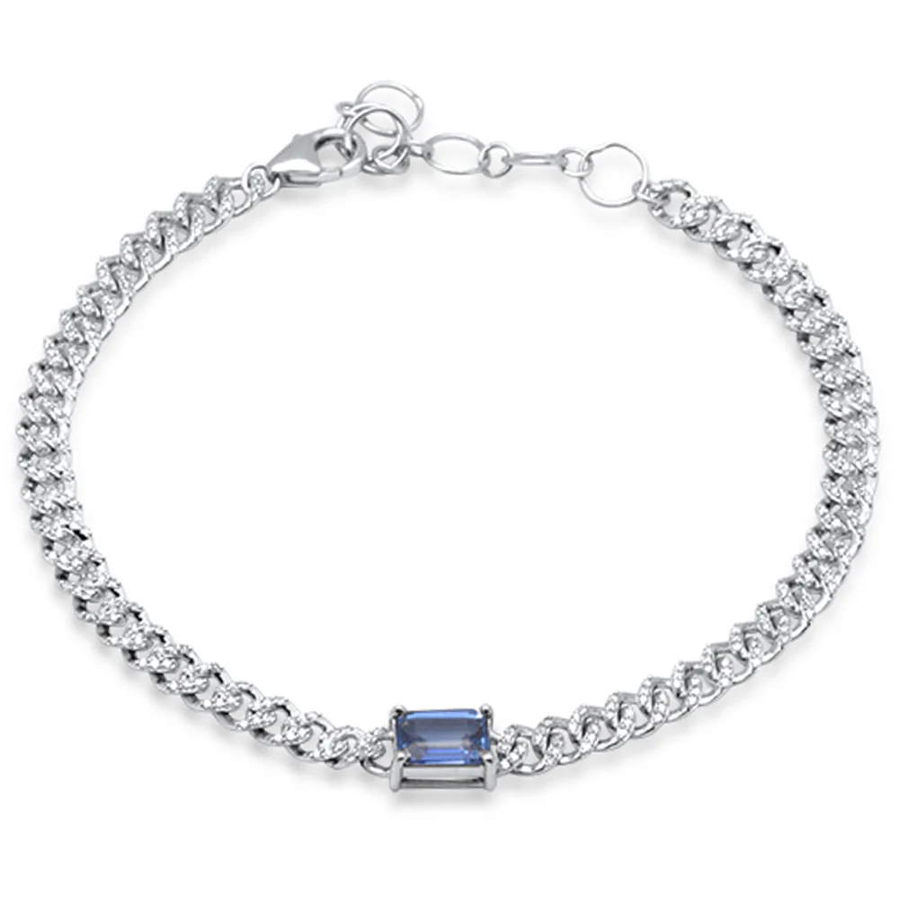 <span style="color:purple">SPECIAL!</span> 2.02ct G SI 14K White Gold Blue Sapphire Gemstone & Diamond Cuban Bracelet 6+1.5" Long